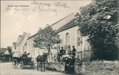 Ansichtskarte Niederau Pferdefuhrwerk vor dem Gasthaus LK Meißen 1912