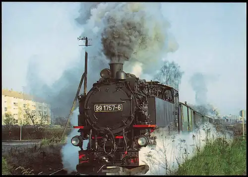 Dampflokomotive 99 1757-6 bei der Ausfahrt aus Zittau-Süd 1990