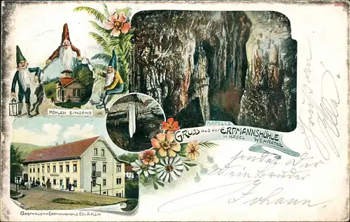 Litho AK Hasel (Baden) Gruss aus Zwerge, Erdmannshöhle, Gasthaus 1902