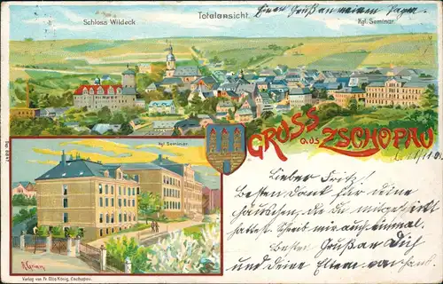 Ansichtskarte Zschopau 2 Bild Litho Prägekarte Stadt Seminar 1903 Prägekarte