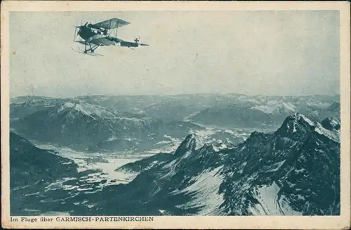 Ansichtskarte  Doppeldecker Flugzeug über den Alpen Bayern 1918