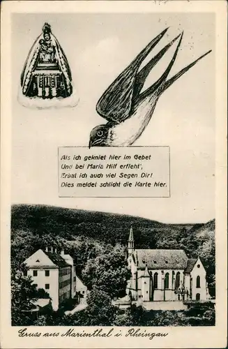 Marienthal  Rheingau Geisenheim Schwalbe Grusskarte mit Segensspruch) 1950