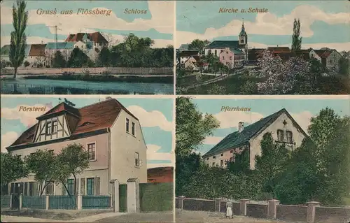 Ansichtskarte Flössberg-Frohburg Schloß, Kirche, Försterei, Pfarrhaus 1916