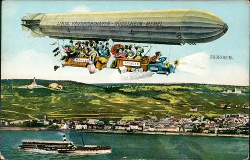 Ansichtskarte Rüdesheim (Rhein) Zeppelin LINIE: FRIEDRICHSHAFEN-MEMEL 1913