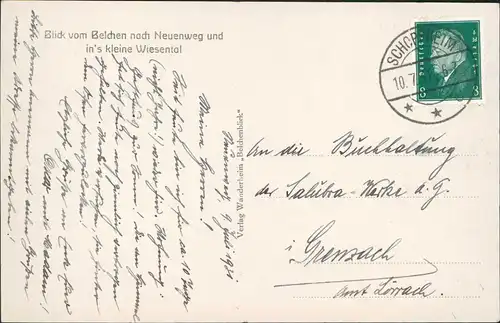 .Baden-Württemberg Belchen nach Neuenweg und Wiesental Schwarzwald 1931
