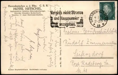 Postcard Herrnskretschen Hřensko Hotel Hetschel 1932