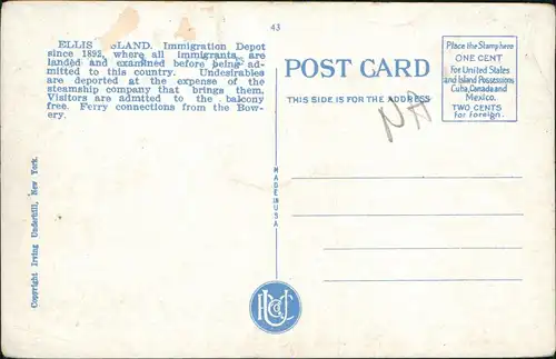 Postcard New York City ELLIS ISLAND, NEW YORK 1920