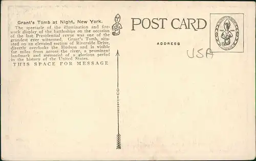 Postcard New York City GRANT'S TOMB AT NIGHT, NEW YORK CITY 1920