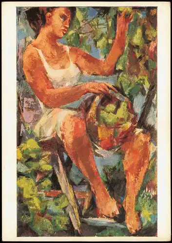 Künstlerkarte Gemälde DÄHN (geb. 1908) Birnenpflückerin 1970