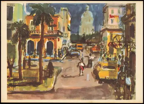 Künstlerkarte Gemälde GERHARD STENGEL Straße in Havanna 1969