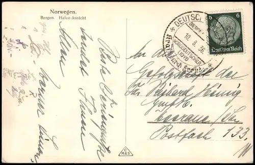 Postcard Bergen Bergen Hafen 1936  gel. Schiffspoststempel ND Lioyd