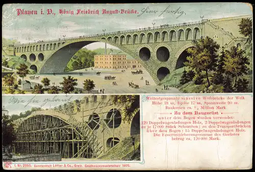 Litho AK Plauen (Vogtland) König Friedrich August-Brücke fertig & im Bau 1905
