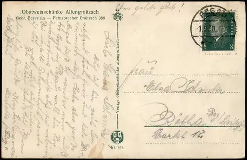 Groitzsch Ortsansicht Obstweinschänke Altengroitzsch Gebr. Beyerlein 1930