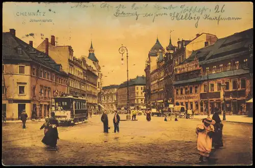 Chemnitz Johannisplatz, Personen Tram-Wagen, Geschäfte 1906/1905