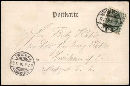 Ansichtskarte Chemnitz Wilhelmsplatz Partie 1900 ZWICKAU (Ankunftsstempel)