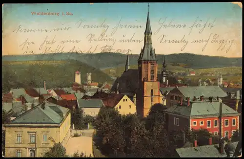 Ansichtskarte Waldenburg (Sachsen) Panorama-Ansicht, Kirche u. Ortsmitte 1910