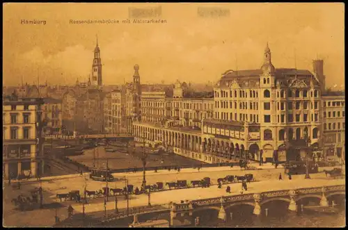 Hamburg Panorama Blick auf Reesendammbrücke mit Alsterarkaden 1910