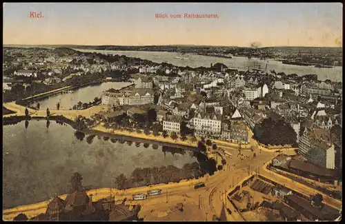 Ansichtskarte Kiel Panorama-Blick Rathausturm 1915  Marine-Feldpost (Stempel)