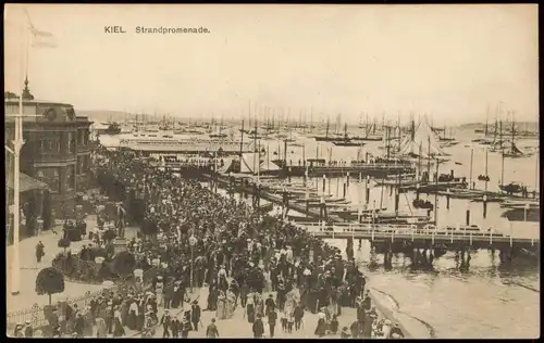 Ansichtskarte Kiel Panorama-Ansicht Strandpromenade, Hafen Segelschiffe 1910