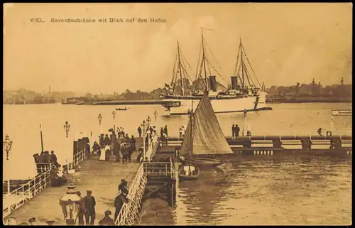 Kiel Panorama-Ansicht Reventloubrücke mit Blick auf den Hafen, Segelschiff 1910