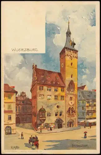 Würzburg Signierte Künstlerkarte K. Mutter: Partie am Eckardsturm 1908