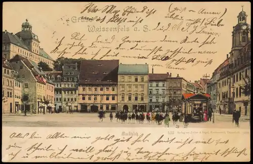 Weißenfels Marktplatz, Häuser Partie, Personen vor Kiosk-Gebäude 1899