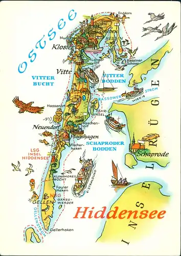 Hiddensee Hiddensjö,  Gezeichnete Landkarten: Vitte Gellen Neuendorf 1979