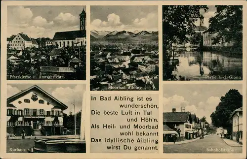 Bad Aibling Mehrbild-AK mit Kurhaus, Bahnhofstrasse, Glonn Partie 1950