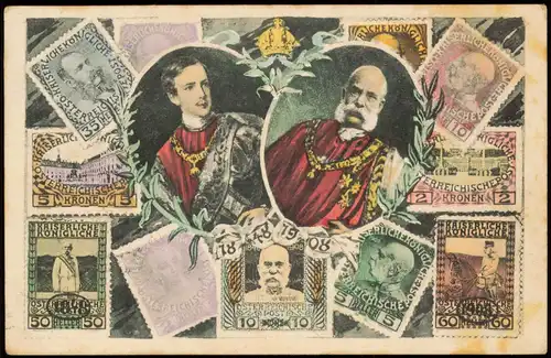 Adel und Persönlichkeiten ÖSTERREICH auf Bild und Briefmarken-Motiven 1908