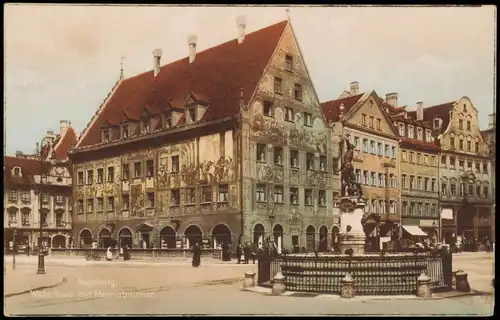 Ansichtskarte Augsburg Weberhaus mit Merkurbrunnen. Color Fotohaus 1926