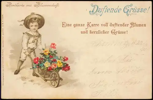 Kinden mit Schubkarre Blumen (Duftende Grüsse, Blumenduft) 1900
