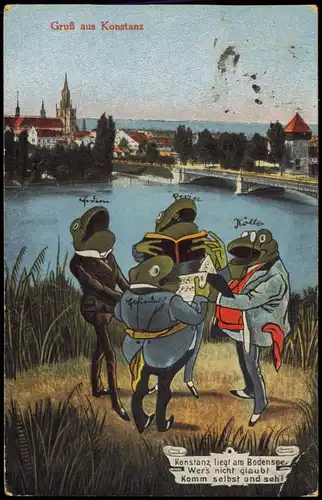Ansichtskarte Konstanz singende Frösche vor der Stadt 1919 gel. Zensurstempel