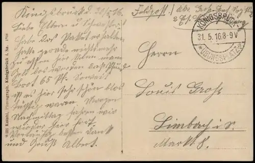 Königsbrück  Soldatengruppe vor Gebäude Oberlausitz 1916  gel. Feldpoststempel