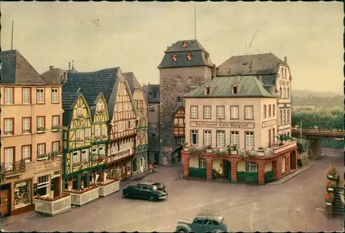 Linz am Rhein Teilansicht mit Autos vor Restaurant-Café Burghof 1955