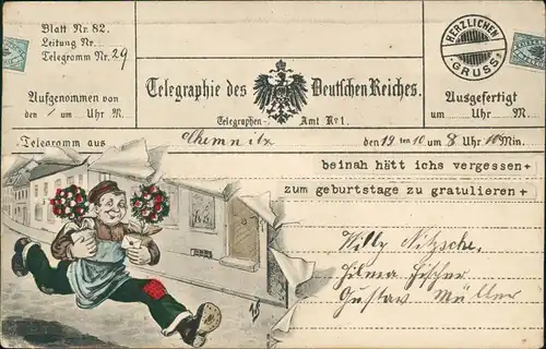 Ansichtskarte  Künstlerkarte Mann mit Blumen Telegramm AK 1913
