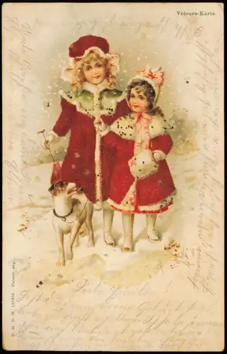 Künstlerkarte (Velours-Karte) Kinder mit Hund 1901 Perlen gelaufen nach LIMBACH