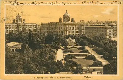 Ansichtskarte Wien K. k. Volksgarten und k. k. Hofmuseen. 1913