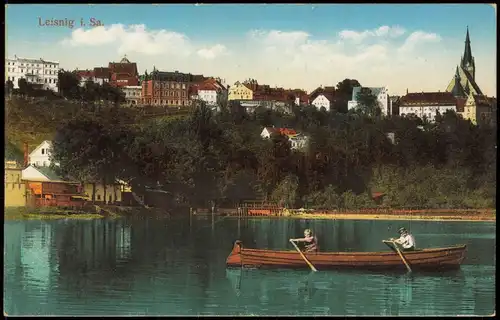 Ansichtskarte Leisnig Stadt - Ruderer auf dem Fluß 1915  gel. Feldpost