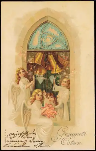 Glückwunsch Ostern / Easter Engel läuten Glocken 1916 Prägekarte