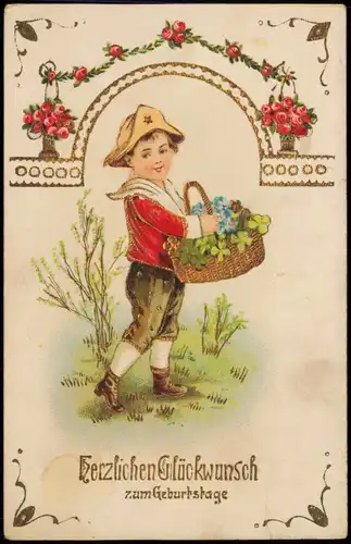 Ansichtskarte  Glückwunsch Geburtstag Birthday Junge Blumenkorb 1916 Goldrand