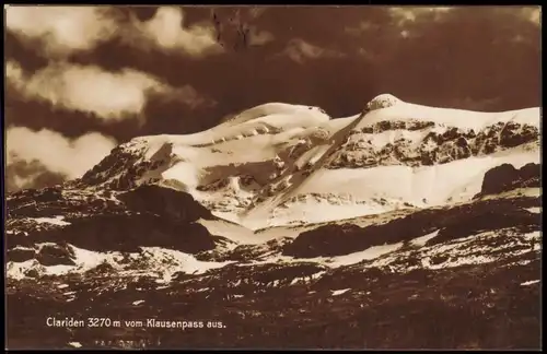 Unterschächen Clariden 3270 m vom Klausenpass aus. Gletscher Fotokarte 1928