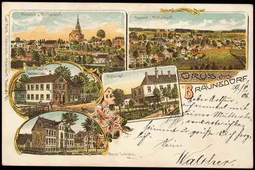 Litho AK Bräunsdorf-Limbach Oberfrohna Rittergut Gasthaus Schule Gruss aus 1906