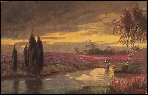 Ansichtskarte  Windmühlen Windmill Stimmungsbild Abendstimmung 1913