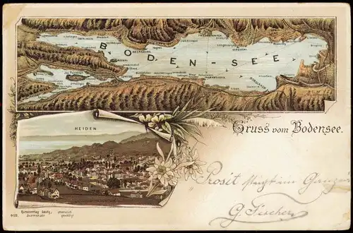 Heiden (Bodensee) 2 Bild Stadt, Landkarten AK Bodensee Litho 1899