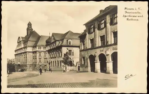 Ansichtskarte Plauen (Vogtland) Feuerwache, Sparkasse u. Rathaus 1934