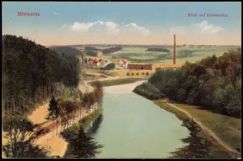 Ansichtskarte Mittweida Blick auf Dreiwerden, Fluss und Fabrik 1929