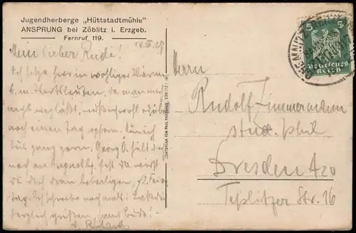 Ansprung-Marienberg Erzgebirge Hüttstadtmühle Winter 1927 gel. Bahnpoststempel