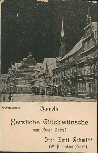 Ansichtskarte Hameln Osterstraße bei Nacht Neujahrsgruss 1903
