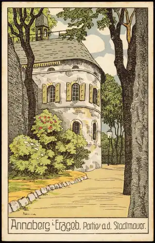 Ansichtskarte Annaberg-Buchholz Künstlerkarte: Partie a.d. Stadtmauer 1914