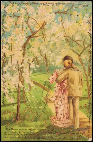 Liebe Liebespaare - Love blühende Bäume 1904 Goldrand/Prägekarte